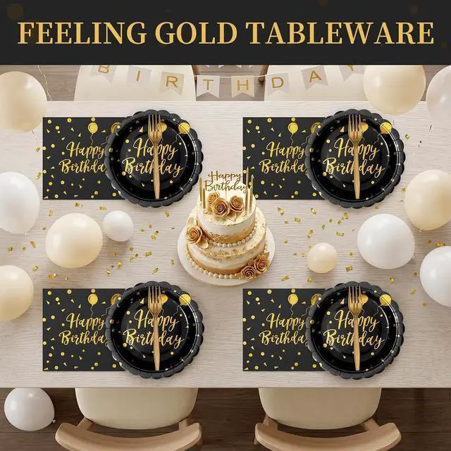 Alt view image 7 of 7 - 60PCS Happy Birthday Paper Plates and Napkins, 7 Inch Scalloped Black Gold Dot Cake Dessert Plates and Birthday Napkins Disposable Tableware Set for Birthday Party Decorations (Black Gold)