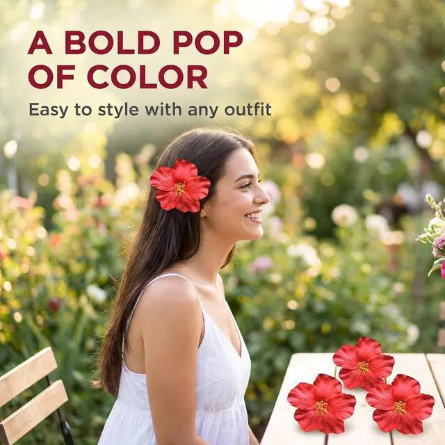 Alt view image 7 of 7 - Red 8 cm Hawaiian Flower Hair Clip for Women Girls Fashion Bohemian Flowers Hair Accessory for Dancer Bridal Wedding Beach Party, Decorations (2Pcs)