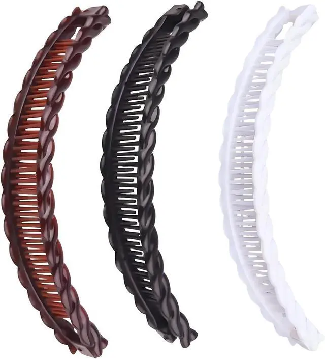 Main image of 3Pcs Banana Hair Clips for Thick Curly Hair - Black and Brown and White Tortoise Clips, Vintage Clincher Combs for Women, Girls - Non-Slip Fish Grip Slides, 80s Retro Hair Accessories