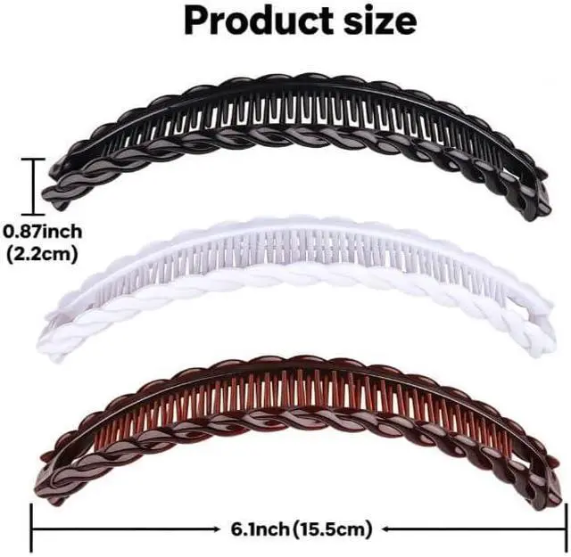 Alt view image 2 of 7 - 3Pcs Banana Hair Clips for Thick Curly Hair - Black and Brown and White Tortoise Clips, Vintage Clincher Combs for Women, Girls - Non-Slip Fish Grip Slides, 80s Retro Hair Accessories