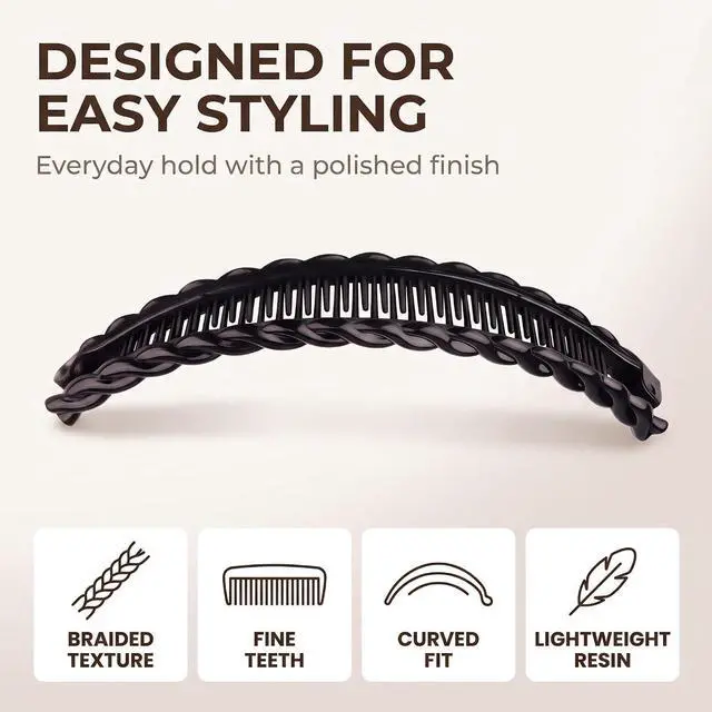 Alt view image 4 of 7 - 3Pcs Banana Hair Clips for Thick Curly Hair - Black and Brown and White Tortoise Clips, Vintage Clincher Combs for Women, Girls - Non-Slip Fish Grip Slides, 80s Retro Hair Accessories