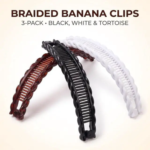 Alt view image 5 of 7 - 3Pcs Banana Hair Clips for Thick Curly Hair - Black and Brown and White Tortoise Clips, Vintage Clincher Combs for Women, Girls - Non-Slip Fish Grip Slides, 80s Retro Hair Accessories