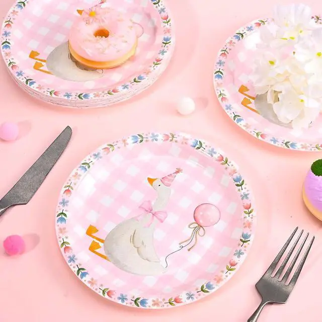 Alt view image 4 of 7 - 24Pcs One Silly Goose Paper Plates Goose Birthday Decoration 7 inch Plate Pack Disposable Tableware for Baby Shower Girl Birthday Party Supplies