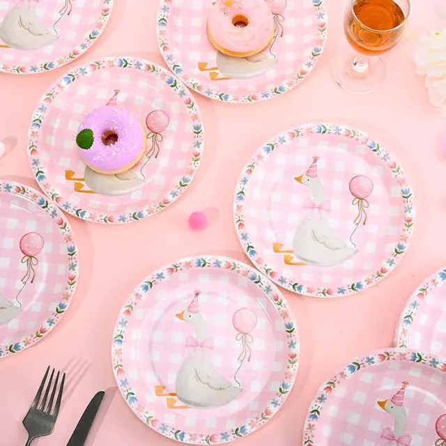 Alt view image 5 of 7 - 24Pcs One Silly Goose Paper Plates Goose Birthday Decoration 7 inch Plate Pack Disposable Tableware for Baby Shower Girl Birthday Party Supplies