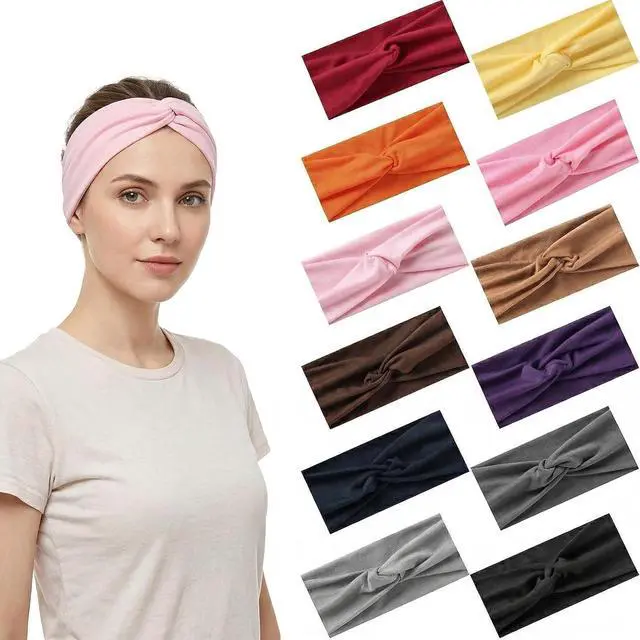 Main image of 12 Pcs Stretchy Sport Headbands for Women,Absorbed Sport Headband Soft Twist Knotted Headbands for Yoga, Workout Daily Life