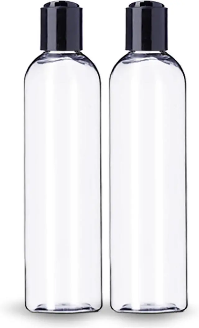 Main image of ljdeals 8 oz Clear Plastic Empty Bottles with Black Disc Top Caps, Refillable Containers for Shampoo, Lotions, Cream and More Pack of 2, BPA Free, Made in USA