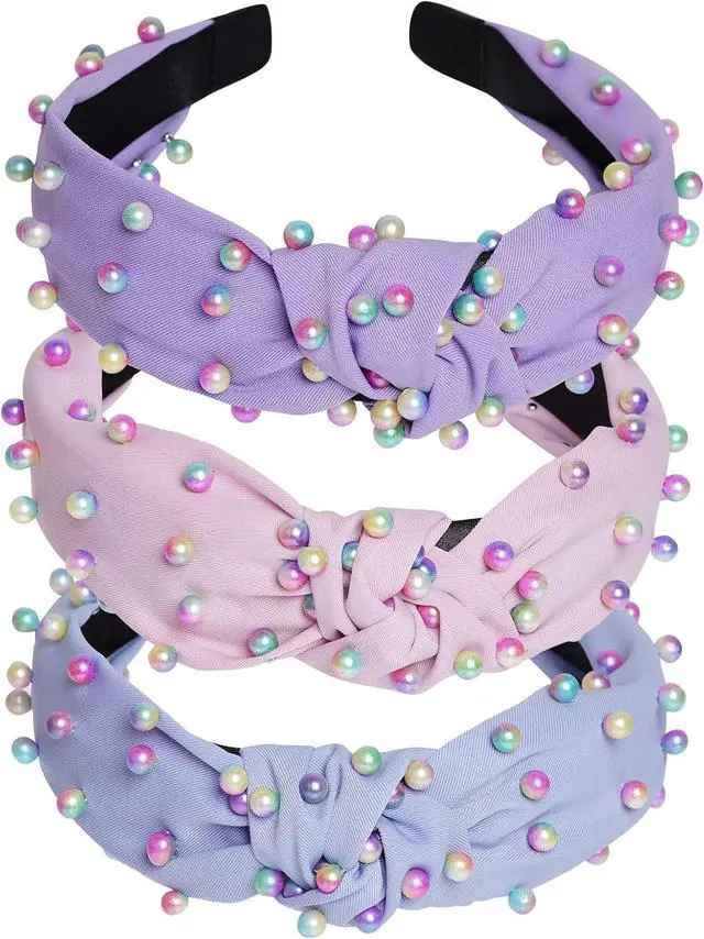 Main image of Sucrain 3 Pcs Pearl Knotted Headbands for Women Girls Colorful Jeweled Embellished Gem Faux Pearl Cross Knot Twisted Hairband Turban Headband Hair Accessories(Pink,Blue,Purple)