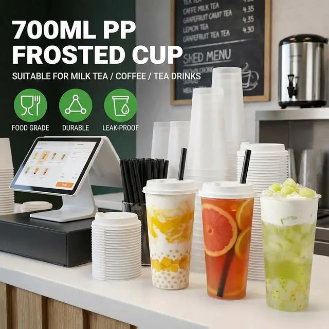Alt view image 5 of 7 - Disposable Frosted Hard Plastic Boba Tea Cups, 16 24 oz Bulk Plastic Cups For Bubble MilkTea Coffee Hot&Cold Drinks Shop Business (24oz, 20pack without lids)