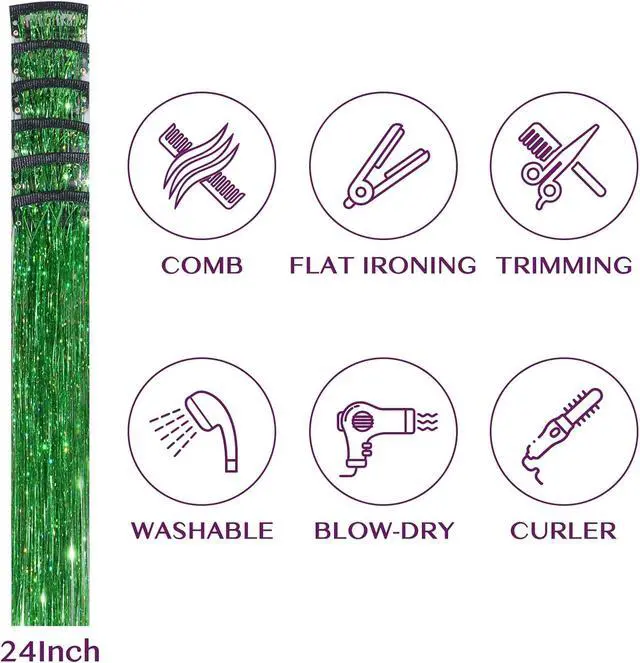 Alt view image 2 of 6 - IDN BEAUTY Hair Tinsel Clip In Green Sparkle Hair Extensions 24 Inch 6pcs