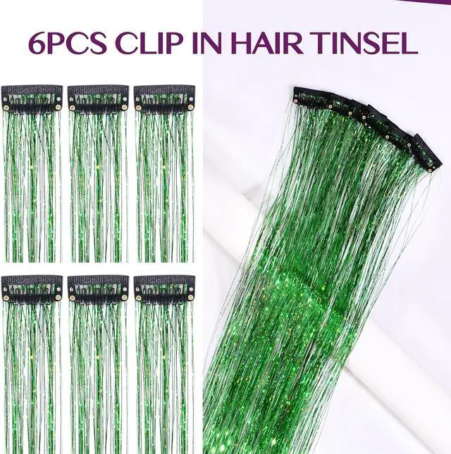 Alt view image 3 of 6 - IDN BEAUTY Hair Tinsel Clip In Green Sparkle Hair Extensions 24 Inch 6pcs