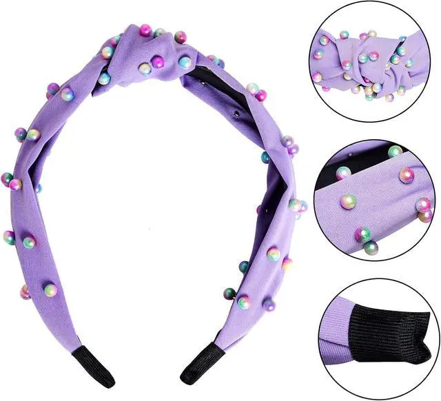 Alt view image 3 of 7 - Sucrain 3 Pcs Pearl Knotted Headbands for Women Girls Colorful Jeweled Embellished Gem Faux Pearl Cross Knot Twisted Hairband Turban Headband Hair Accessories(Pink,Blue,Purple)