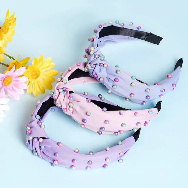 Alt view image 4 of 7 - Sucrain 3 Pcs Pearl Knotted Headbands for Women Girls Colorful Jeweled Embellished Gem Faux Pearl Cross Knot Twisted Hairband Turban Headband Hair Accessories(Pink,Blue,Purple)