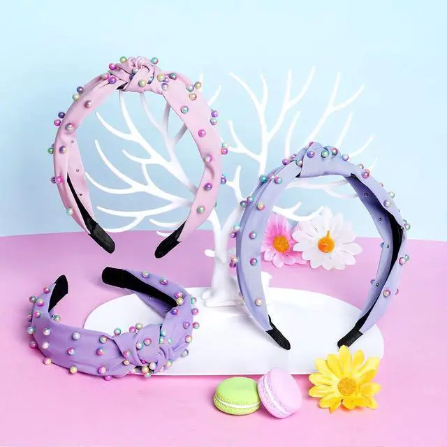 Alt view image 5 of 7 - Sucrain 3 Pcs Pearl Knotted Headbands for Women Girls Colorful Jeweled Embellished Gem Faux Pearl Cross Knot Twisted Hairband Turban Headband Hair Accessories(Pink,Blue,Purple)