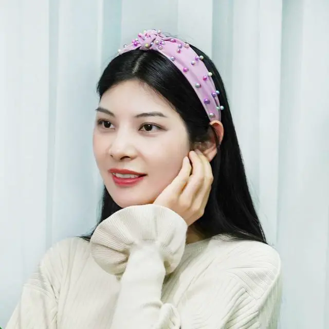 Alt view image 6 of 7 - Sucrain 3 Pcs Pearl Knotted Headbands for Women Girls Colorful Jeweled Embellished Gem Faux Pearl Cross Knot Twisted Hairband Turban Headband Hair Accessories(Pink,Blue,Purple)