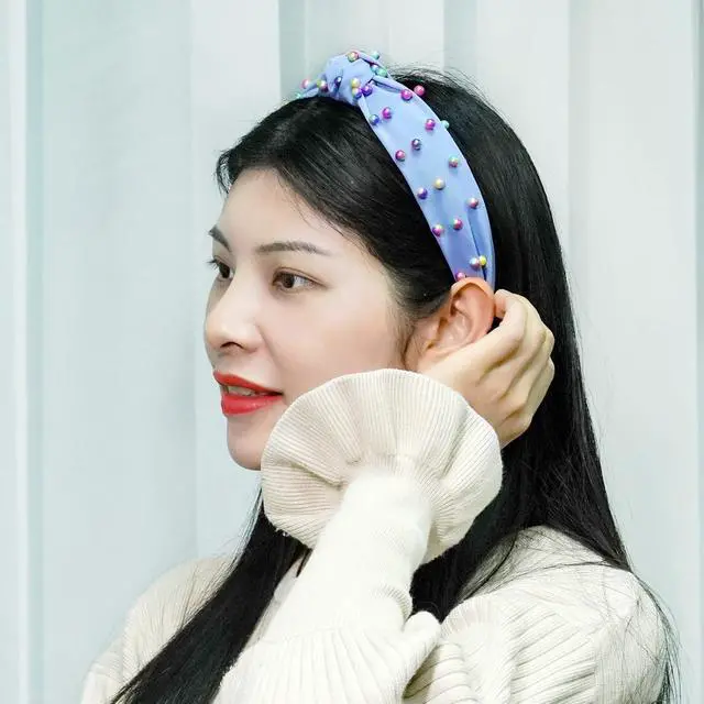Alt view image 7 of 7 - Sucrain 3 Pcs Pearl Knotted Headbands for Women Girls Colorful Jeweled Embellished Gem Faux Pearl Cross Knot Twisted Hairband Turban Headband Hair Accessories(Pink,Blue,Purple)