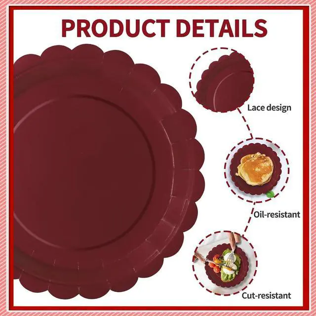 Alt view image 3 of 7 - 40Pcs Red Paper Plates 7Inch Red Scalloped Plates Disposable Dessert Plates for Independence Day Birthday,Baby Shower,Wedding,4th of July