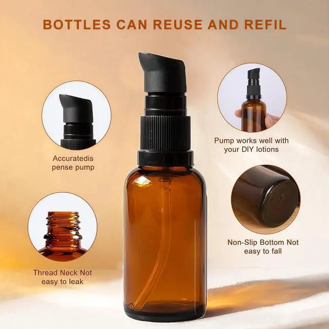 Alt view image 3 of 7 - 100ML/3.4oz Amber Glass Pump Bottle with Black Top, Refillable Travel Size Dispenser, Empty Cosmetic Bottles for Lotions, Serums, Essential Oils, Foundation Cream