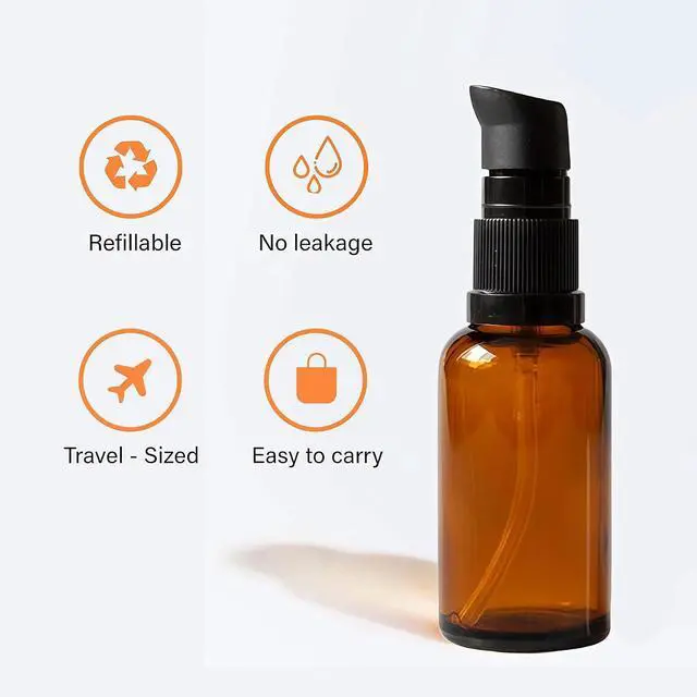 Alt view image 4 of 7 - 100ML/3.4oz Amber Glass Pump Bottle with Black Top, Refillable Travel Size Dispenser, Empty Cosmetic Bottles for Lotions, Serums, Essential Oils, Foundation Cream