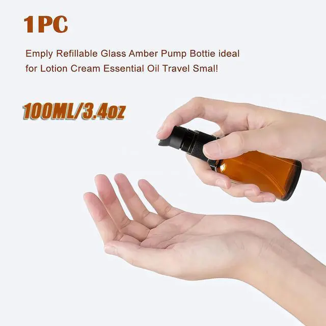 Alt view image 5 of 7 - 100ML/3.4oz Amber Glass Pump Bottle with Black Top, Refillable Travel Size Dispenser, Empty Cosmetic Bottles for Lotions, Serums, Essential Oils, Foundation Cream