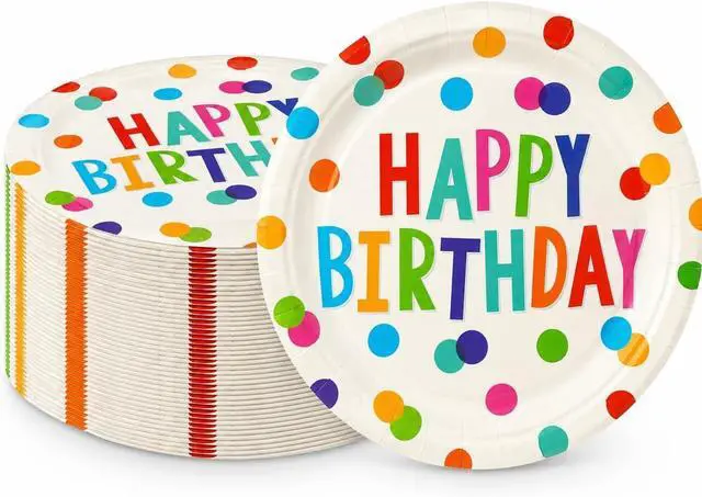 Main image of 50PCS Happy Birthday Party Paper Plates, 7Inch, Colorful Dots | Birthday Dessert Plates, For Cake Salad Fruit, Disposable Decoration Supplies, For Kids Party, Serve 50