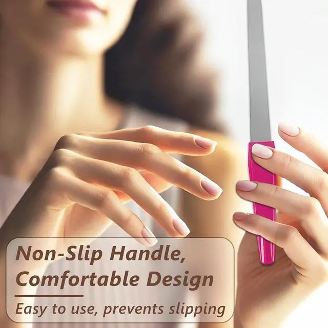 Alt view image 3 of 7 - Metal Nail File Set (12 pcs) - Stainless Steel Nail Files for Natural Nails, Sword-Shaped Fingernail Files with Non-Slip Handle, Sharp Tip, and Sapphire Grit for Women and Men