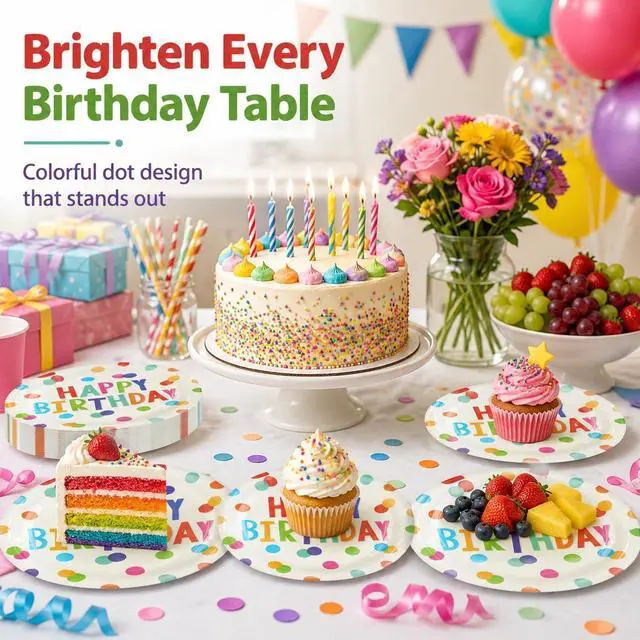 Alt view image 2 of 7 - 50PCS Happy Birthday Party Paper Plates, 7Inch, Colorful Dots | Birthday Dessert Plates, For Cake Salad Fruit, Disposable Decoration Supplies, For Kids Party, Serve 50