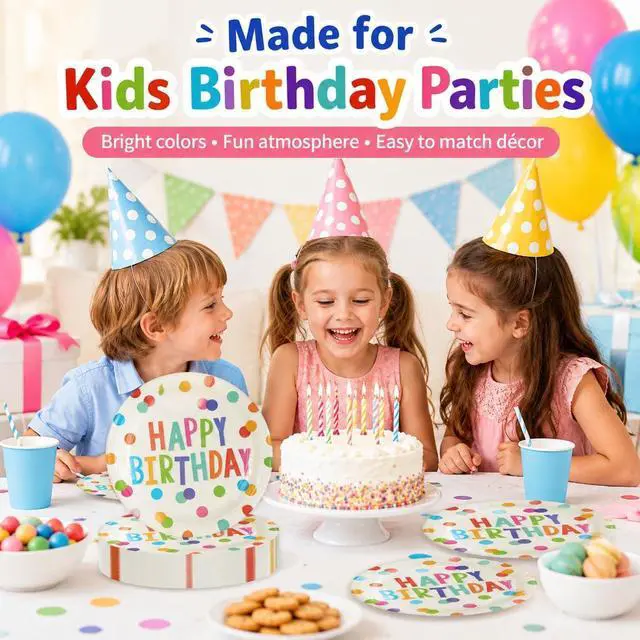 Alt view image 3 of 7 - 50PCS Happy Birthday Party Paper Plates, 7Inch, Colorful Dots | Birthday Dessert Plates, For Cake Salad Fruit, Disposable Decoration Supplies, For Kids Party, Serve 50
