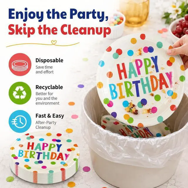Alt view image 5 of 7 - 50PCS Happy Birthday Party Paper Plates, 7Inch, Colorful Dots | Birthday Dessert Plates, For Cake Salad Fruit, Disposable Decoration Supplies, For Kids Party, Serve 50