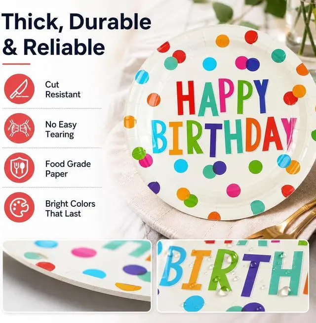 Alt view image 4 of 7 - 50PCS Happy Birthday Party Paper Plates, 7Inch, Colorful Dots | Birthday Dessert Plates, For Cake Salad Fruit, Disposable Decoration Supplies, For Kids Party, Serve 50
