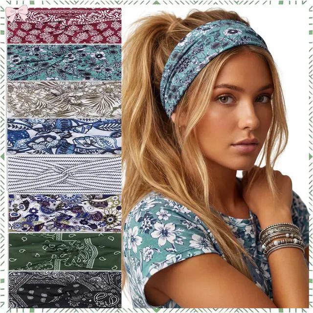 Main image of Needbrock 8 Pcs Boho Headbands for Women Wide Cloth Knotted Hair Bands | Elastic Fashion Hair Accessory for Yoga Workout Running, Soft Non Slip Stretchy Fabric Head Wrap Back To School Teacher Gift