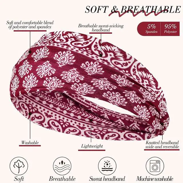 Alt view image 4 of 7 - Needbrock 8 Pcs Boho Headbands for Women Wide Cloth Knotted Hair Bands | Elastic Fashion Hair Accessory for Yoga Workout Running, Soft Non Slip Stretchy Fabric Head Wrap Back To School Teacher Gift