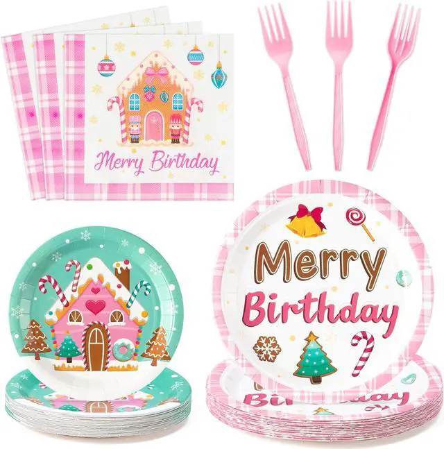 Main image of Merry Birthday Christmas Xmas Pink Village Houses Candy Party Plate Supplies - Serves 24-96Pcs Party Tableware Decoration Disposable Paper Plate Napkin Fork for Winter Holiday Birthday