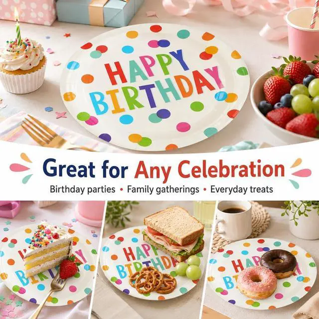 Alt view image 7 of 7 - 50PCS Happy Birthday Party Paper Plates, 7Inch, Colorful Dots | Birthday Dessert Plates, For Cake Salad Fruit, Disposable Decoration Supplies, For Kids Party, Serve 50