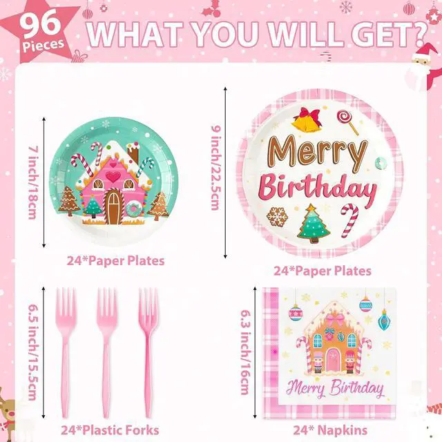 Alt view image 2 of 6 - Merry Birthday Christmas Xmas Pink Village Houses Candy Party Plate Supplies - Serves 24-96Pcs Party Tableware Decoration Disposable Paper Plate Napkin Fork for Winter Holiday Birthday