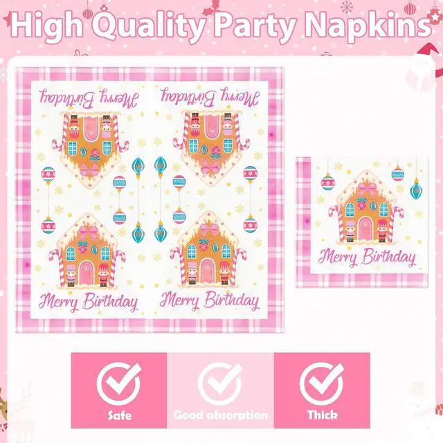 Alt view image 4 of 6 - Merry Birthday Christmas Xmas Pink Village Houses Candy Party Plate Supplies - Serves 24-96Pcs Party Tableware Decoration Disposable Paper Plate Napkin Fork for Winter Holiday Birthday