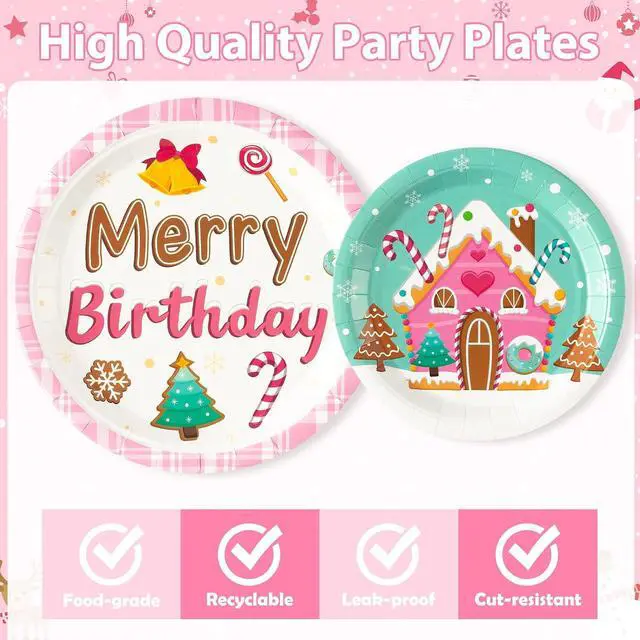 Alt view image 3 of 6 - Merry Birthday Christmas Xmas Pink Village Houses Candy Party Plate Supplies - Serves 24-96Pcs Party Tableware Decoration Disposable Paper Plate Napkin Fork for Winter Holiday Birthday