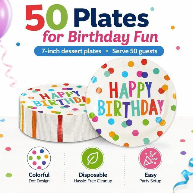 Alt view image 6 of 7 - 50PCS Happy Birthday Party Paper Plates, 7Inch, Colorful Dots | Birthday Dessert Plates, For Cake Salad Fruit, Disposable Decoration Supplies, For Kids Party, Serve 50