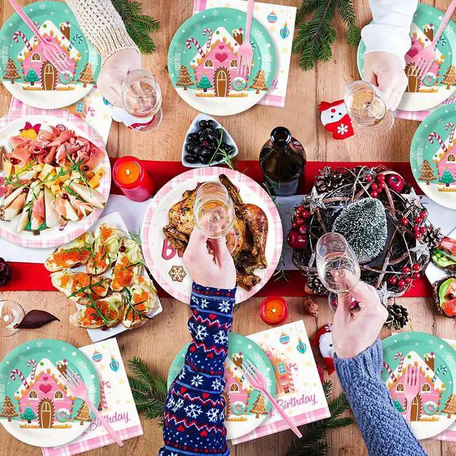 Alt view image 5 of 6 - Merry Birthday Christmas Xmas Pink Village Houses Candy Party Plate Supplies - Serves 24-96Pcs Party Tableware Decoration Disposable Paper Plate Napkin Fork for Winter Holiday Birthday