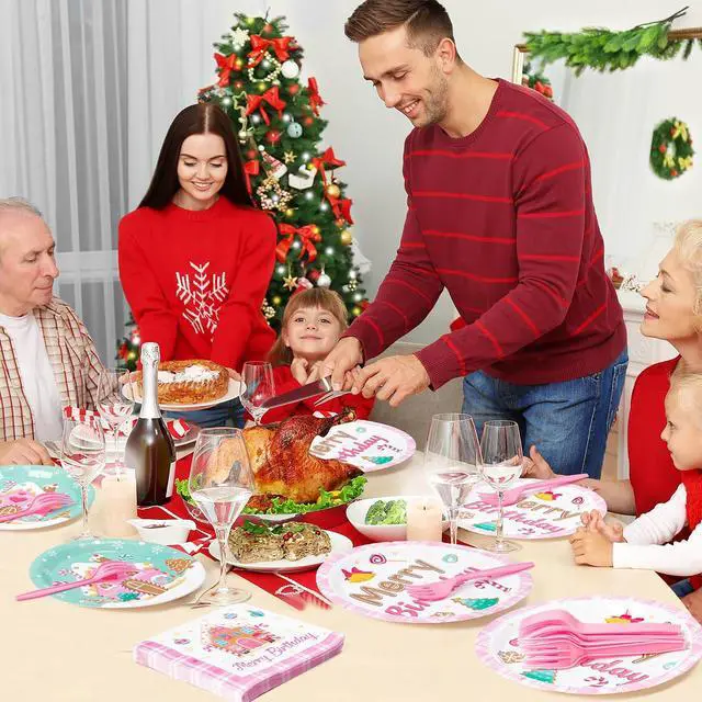 Alt view image 6 of 6 - Merry Birthday Christmas Xmas Pink Village Houses Candy Party Plate Supplies - Serves 24-96Pcs Party Tableware Decoration Disposable Paper Plate Napkin Fork for Winter Holiday Birthday