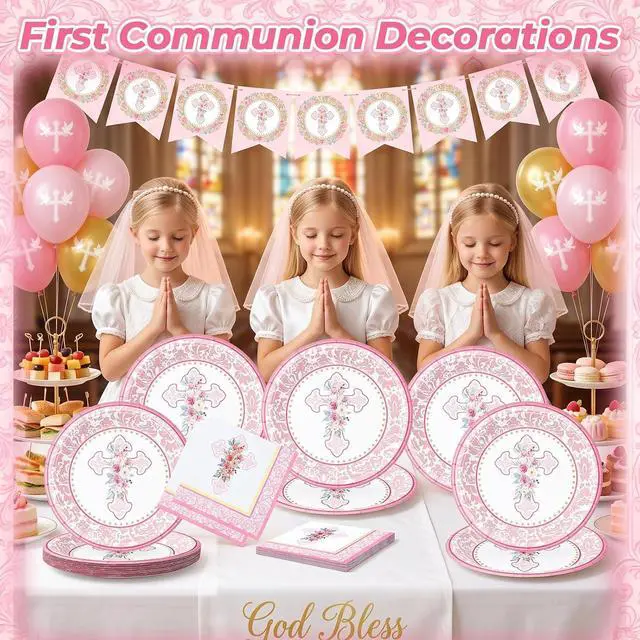 Alt view image 2 of 7 - First Communion Paper Plates and Napkins Set, 9 Inch Floral Cross Disposable Plates Napkins Serves 20, Baptism Decorations Christening First Holy Communion Party Table Supplies
