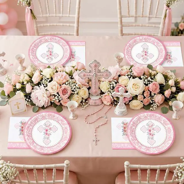 Alt view image 3 of 7 - First Communion Paper Plates and Napkins Set, 9 Inch Floral Cross Disposable Plates Napkins Serves 20, Baptism Decorations Christening First Holy Communion Party Table Supplies