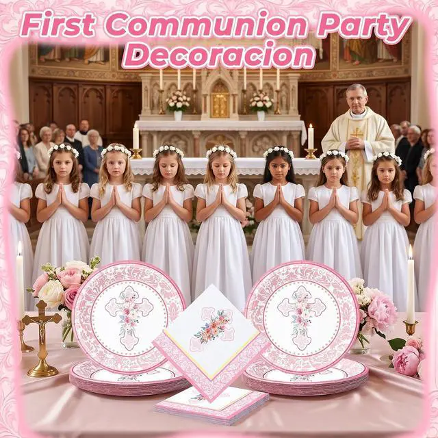 Alt view image 5 of 7 - First Communion Paper Plates and Napkins Set, 9 Inch Floral Cross Disposable Plates Napkins Serves 20, Baptism Decorations Christening First Holy Communion Party Table Supplies