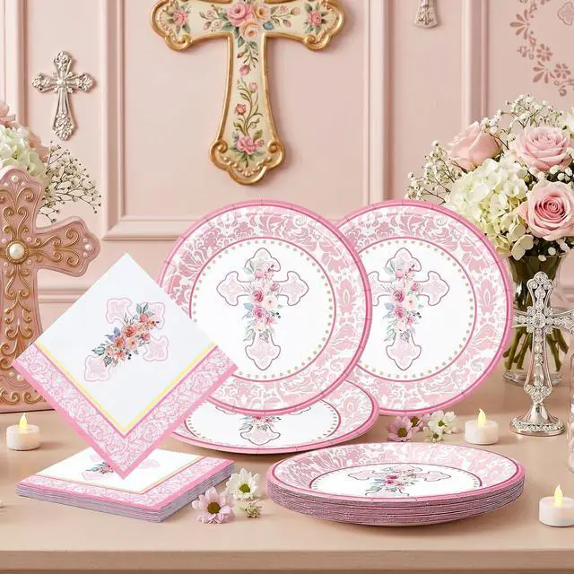 Alt view image 4 of 7 - First Communion Paper Plates and Napkins Set, 9 Inch Floral Cross Disposable Plates Napkins Serves 20, Baptism Decorations Christening First Holy Communion Party Table Supplies