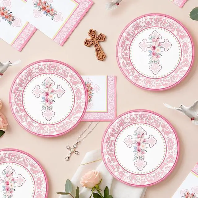Alt view image 6 of 7 - First Communion Paper Plates and Napkins Set, 9 Inch Floral Cross Disposable Plates Napkins Serves 20, Baptism Decorations Christening First Holy Communion Party Table Supplies