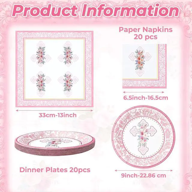 Alt view image 7 of 7 - First Communion Paper Plates and Napkins Set, 9 Inch Floral Cross Disposable Plates Napkins Serves 20, Baptism Decorations Christening First Holy Communion Party Table Supplies