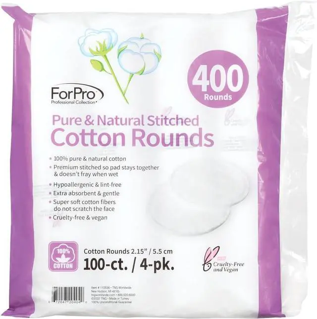 Alt view image 2 of 7 - ForPro Pure & Natural Stitched Cotton Rounds for Face (400-Count), 100% Pure Cotton Makeup Remover Pads, Hypoallergenic, Lint-Free, Vegan & Cruelty-Free, Pack of 4-100 Cotton Pads