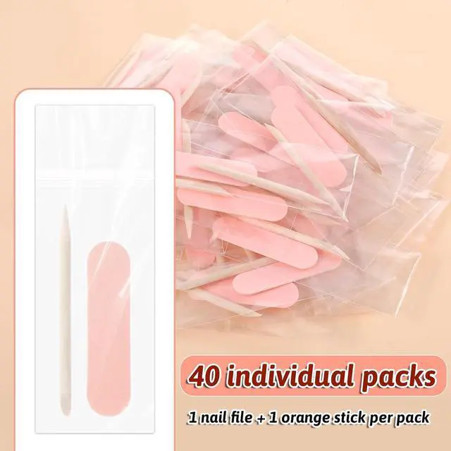 Alt view image 2 of 7 - 40 Pack Mini Nail File Disposable Manicure Kit Individually Package with Wooden Cuticle Pusher Sticks Press on Nail Art Tool Prep Kit Pedicure Cleaner Tools for Home