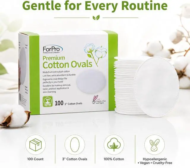 Alt view image 7 of 7 - ForPro Premium 100% Cotton Ovals (100-Count), Ultra-Plush Extra-Absorbent Lint-Free 3" Cotton Pads for Makeup Removal, Cleansing and Skincare Application, Hypoallergenic, Vegan & Cruelty-Free