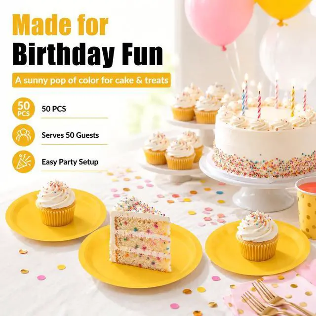 Alt view image 2 of 7 - 50PCS Solid Yellow Paper Plates, 7Inch | Dessert Plate for Cake Salad Fruit Pizza, Disposable, Decoration Supplies for Anniversaries