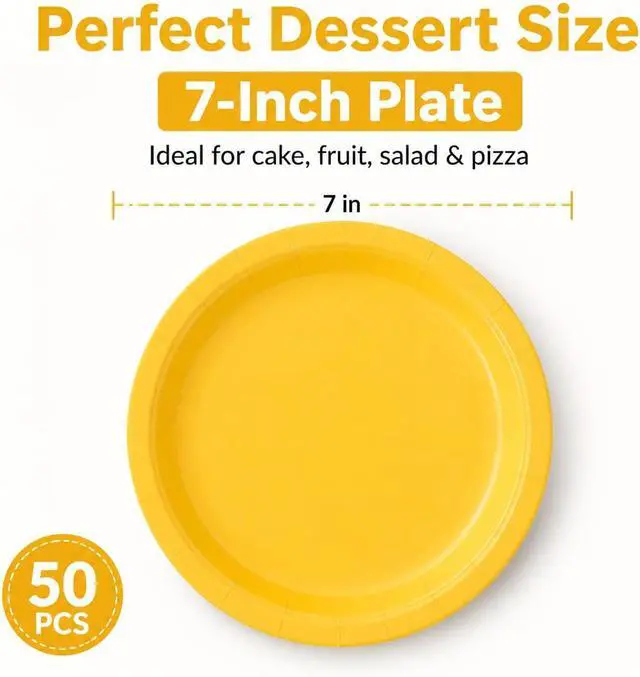 Alt view image 5 of 7 - 50PCS Solid Yellow Paper Plates, 7Inch | Dessert Plate for Cake Salad Fruit Pizza, Disposable, Decoration Supplies for Anniversaries